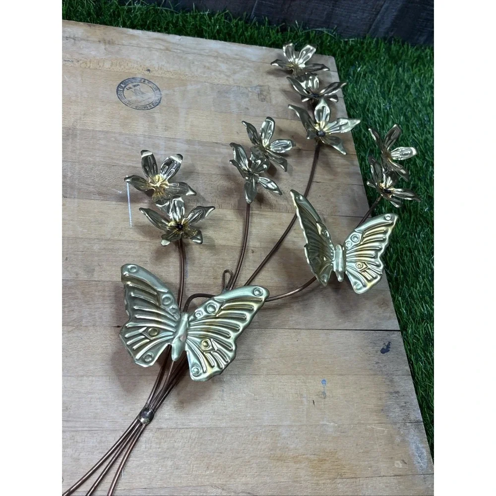 Retro MCM Metal Brass Butterfly Flower Leaves Wall Hanging Art Decor Set Of 2